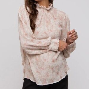 First Love Ivory Floral Plisse Mock Neck Blouse Size Medium​